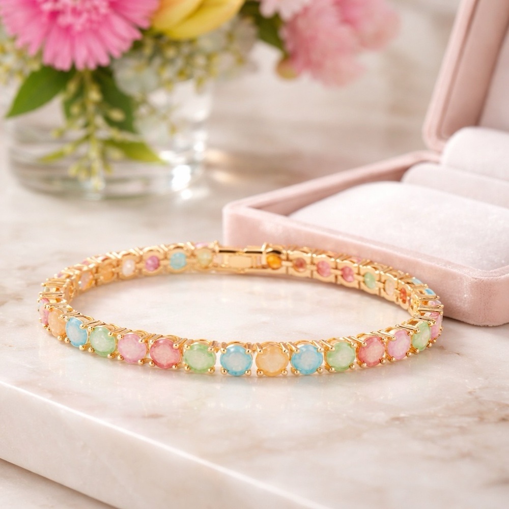 Rainbow "Dressing for Joy" Simulated Opal and Chalcedony Tennis Bracelet - Picture 3 of 7
